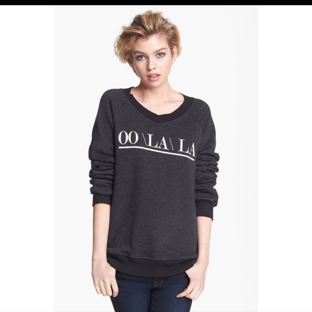 Wildfox oo/la/la vneck dark charcoal sweatshirt sweater size large comfortable